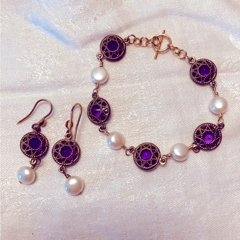 NEW Gold Filled, Freshwater Pearl and Purple Link Bracelet Set
